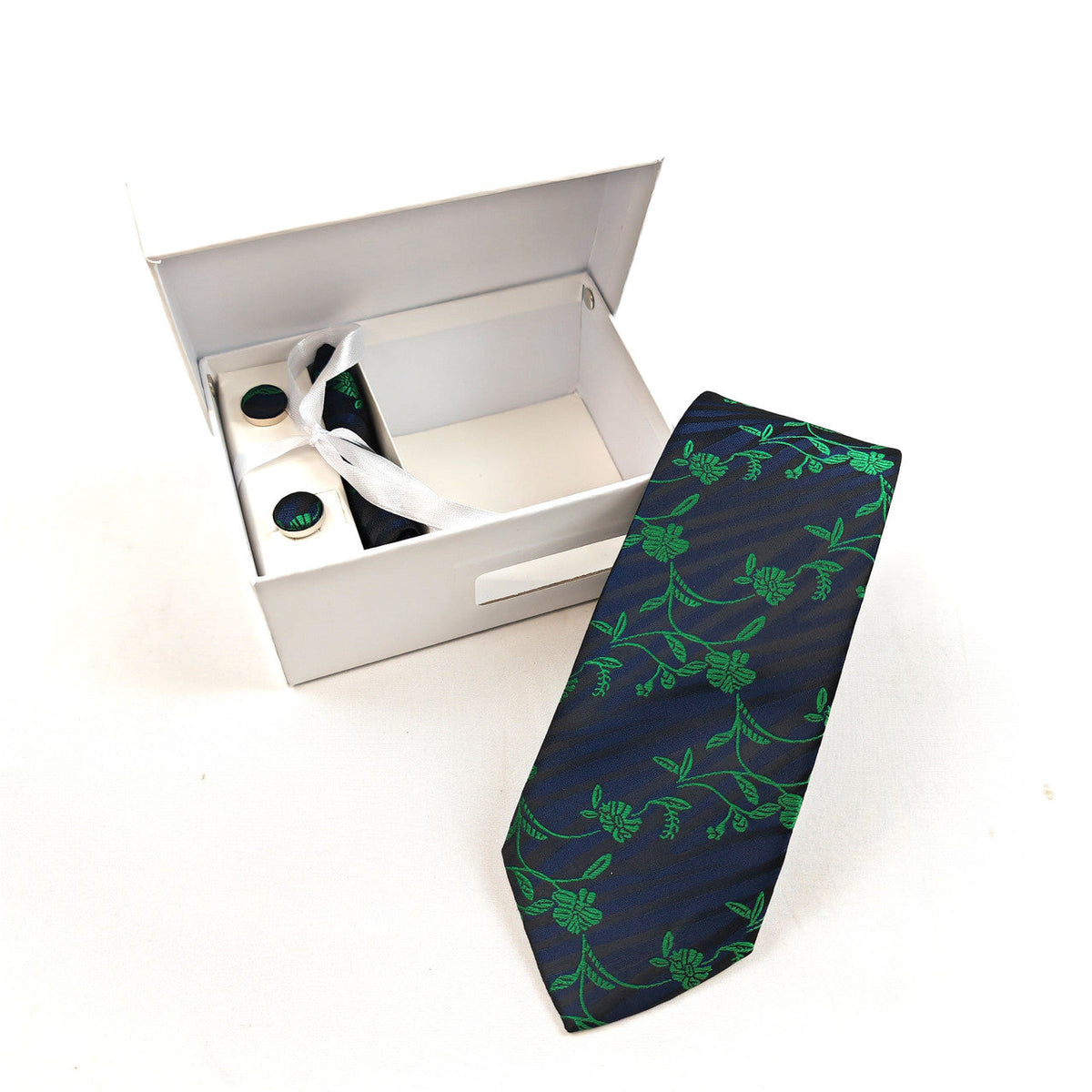 Corbata y gemelos florales verde marino