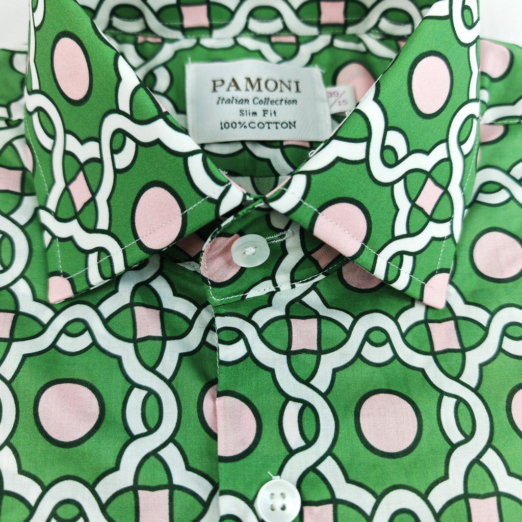 Green With Pink and White Geometric Print Short Sleeves Shirt