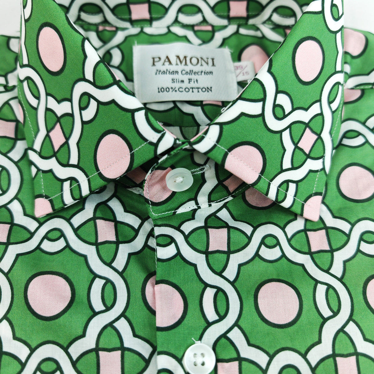 Green With Pink and White Geometric Print Short Sleeves Shirt