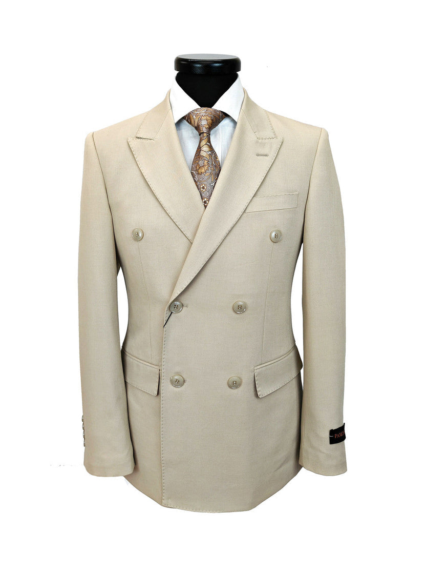 Beige Double-Breasted Slim Fit Suit