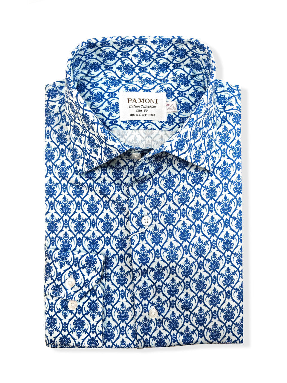 Camisa de algodón entallada para hombre con estampado de azulejos florales en azul