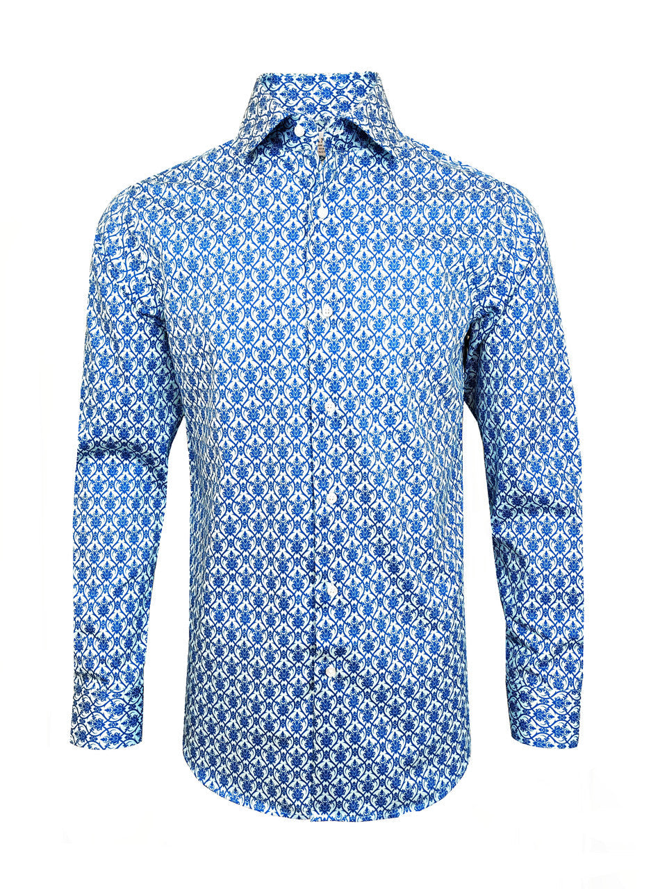 Camisa de algodón entallada para hombre con estampado de azulejos florales en azul