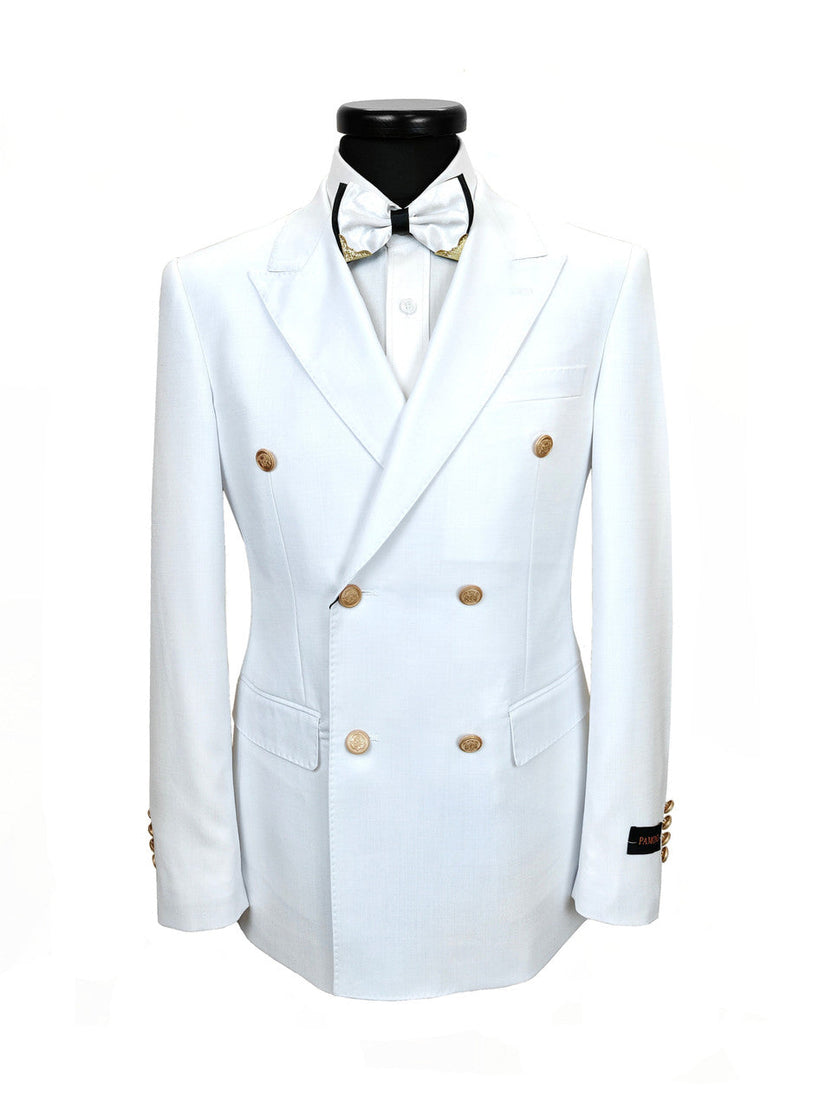 Men’s Slim Fit White Double-Breasted Wool-Blend Suit With Gold Buttons