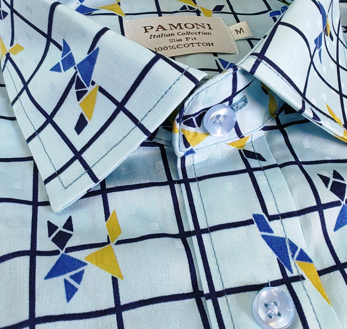 Sky Blue Checkered Short-Sleeve Shirt With Delicate Floral Print