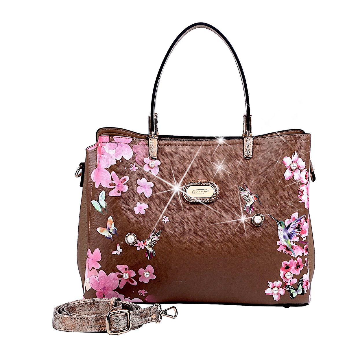 Bolso tote con diseño floral y colibrí de Brangio Italy – Elegante bolso de hombro
