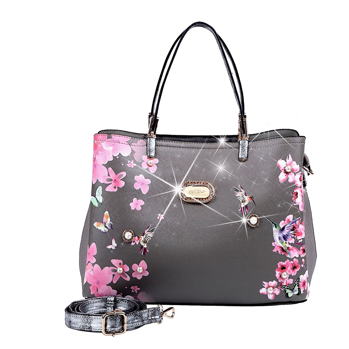 Bolso tote con diseño floral y colibrí de Brangio Italy – Elegante bolso de hombro