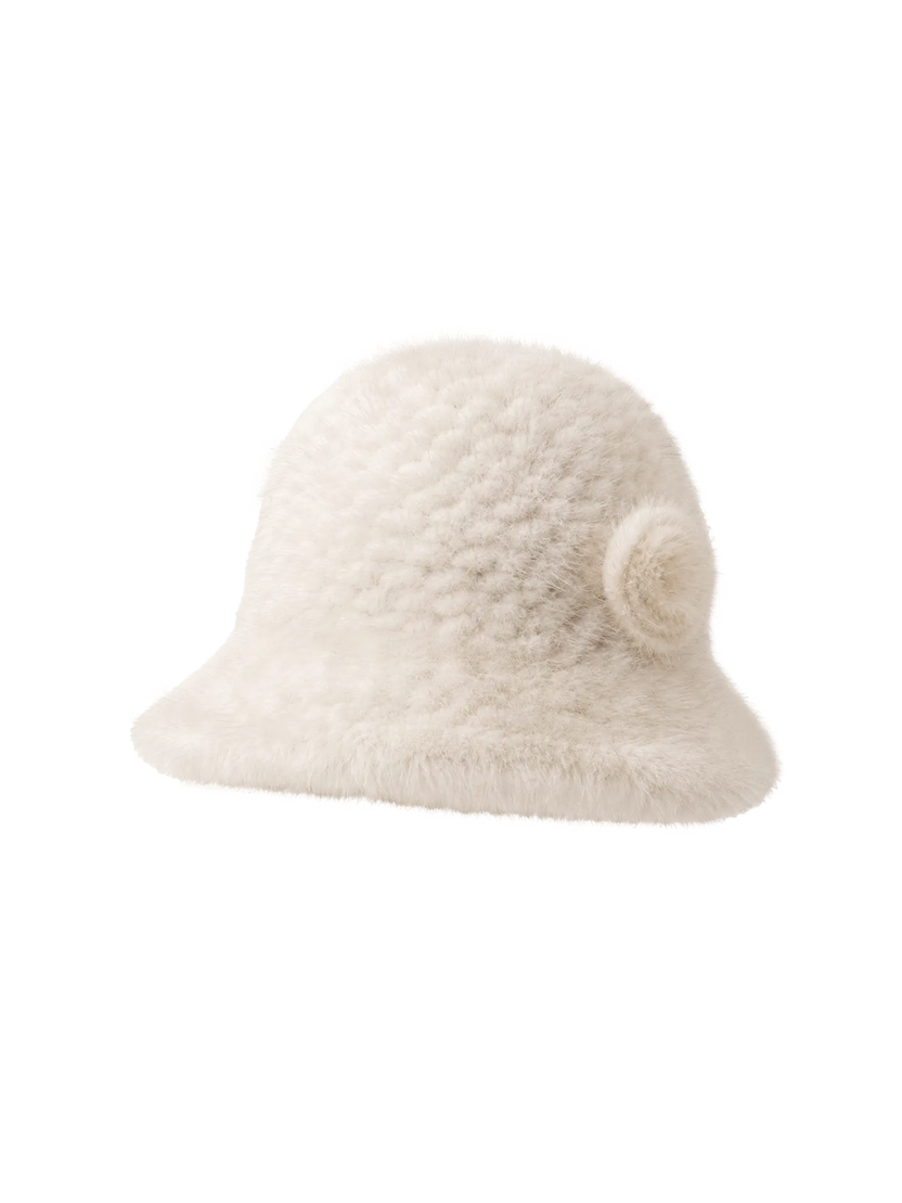 Chapeau cloche en fourrure de vison tissée pour femme avec fleur de camélia
