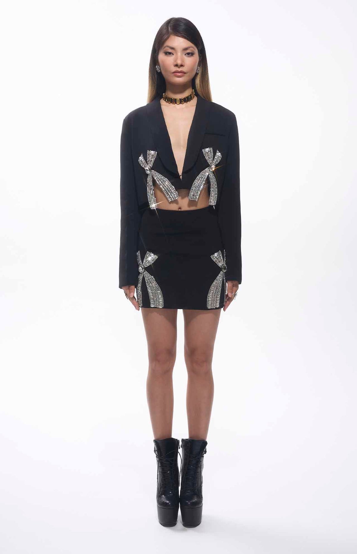 Nore Cut-Out Crystal Embellished Mini Skirt Set
