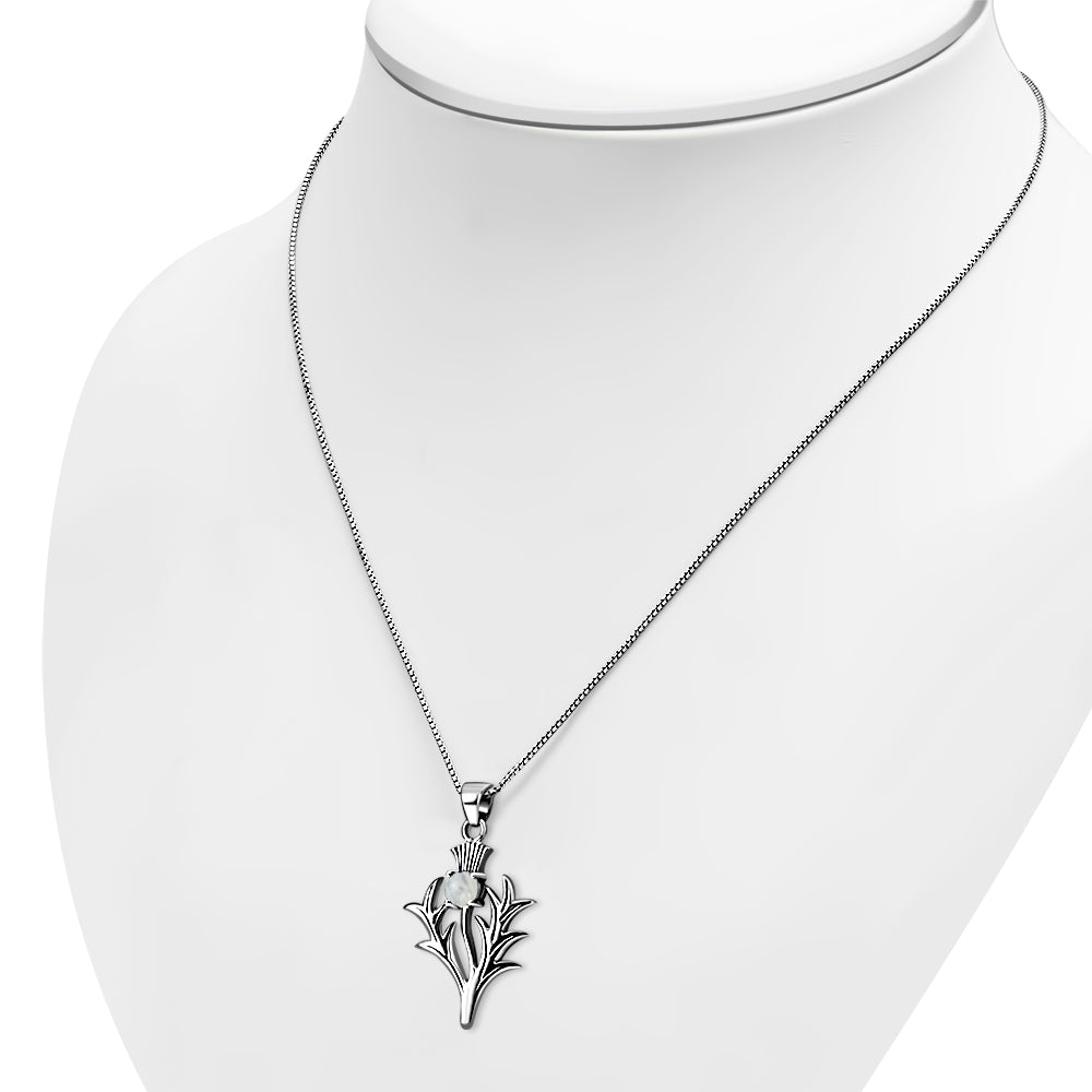 Large Scottish Thistle Silver Pendant W/ Rainbow Moonstone