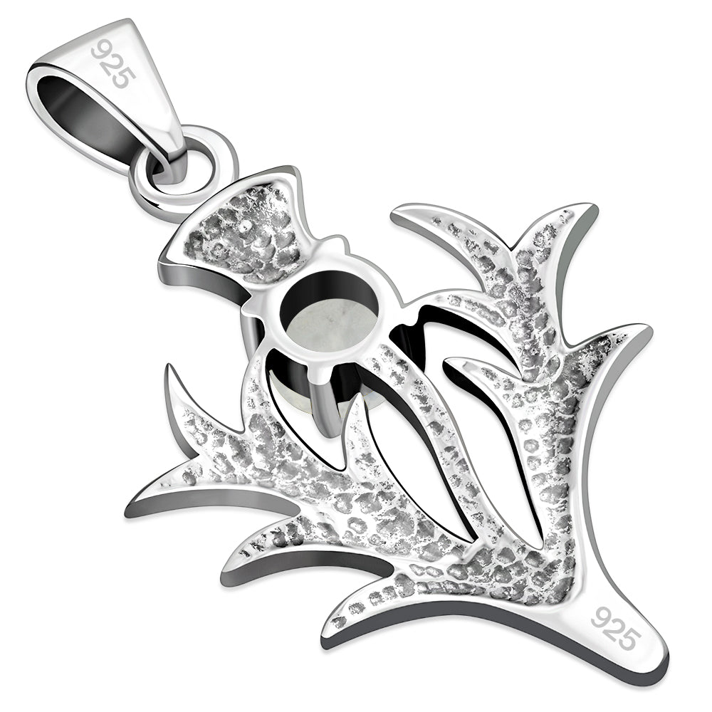 Large Scottish Thistle Silver Pendant W/ Rainbow Moonstone