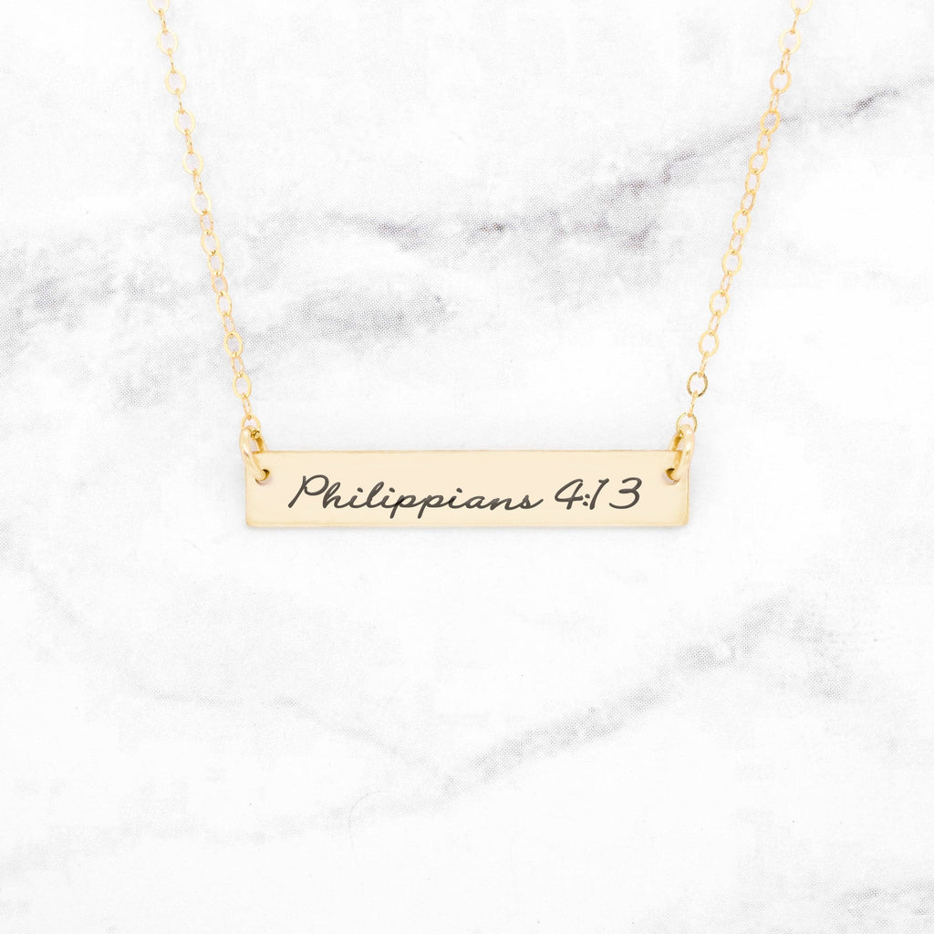 Philippians 4:13 Necklace - Rose Gold Bar Necklace