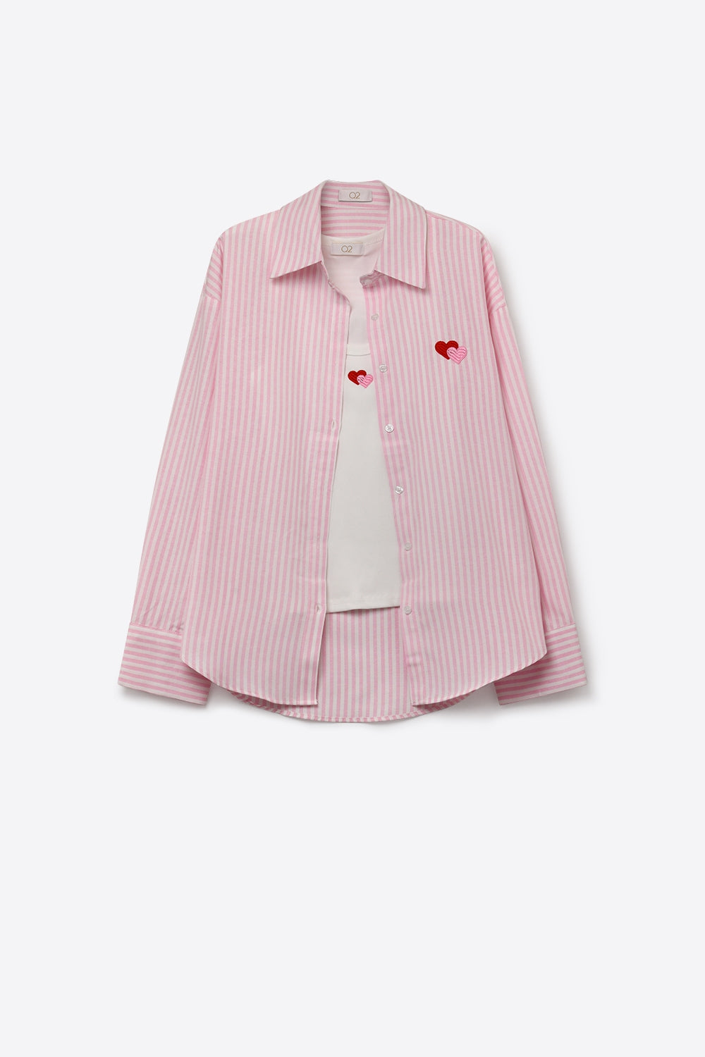 Ensemble 2 pièces t-shirt et chemise à rayures roses en coton avec cœur brodé