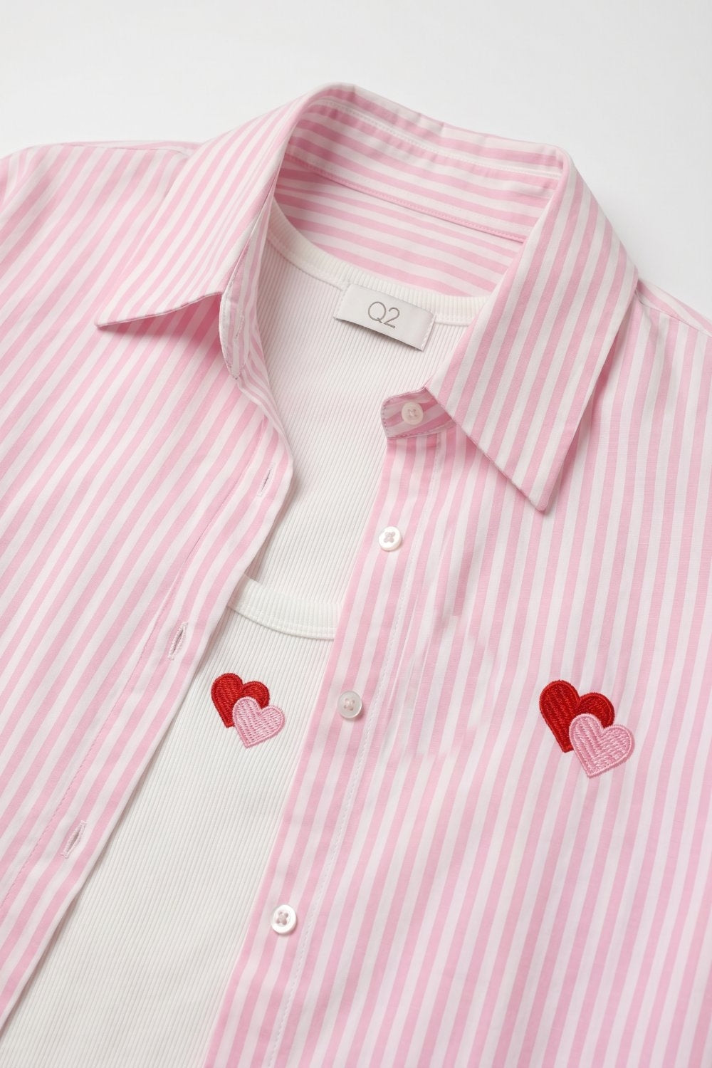 Ensemble 2 pièces t-shirt et chemise à rayures roses en coton avec cœur brodé
