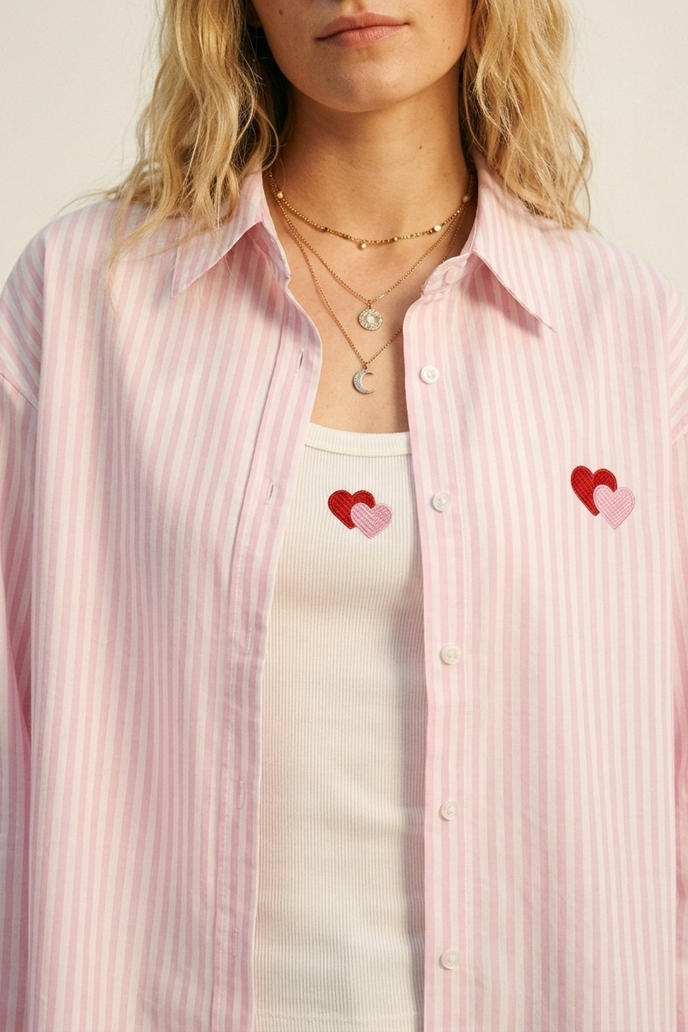 Ensemble 2 pièces t-shirt et chemise à rayures roses en coton avec cœur brodé