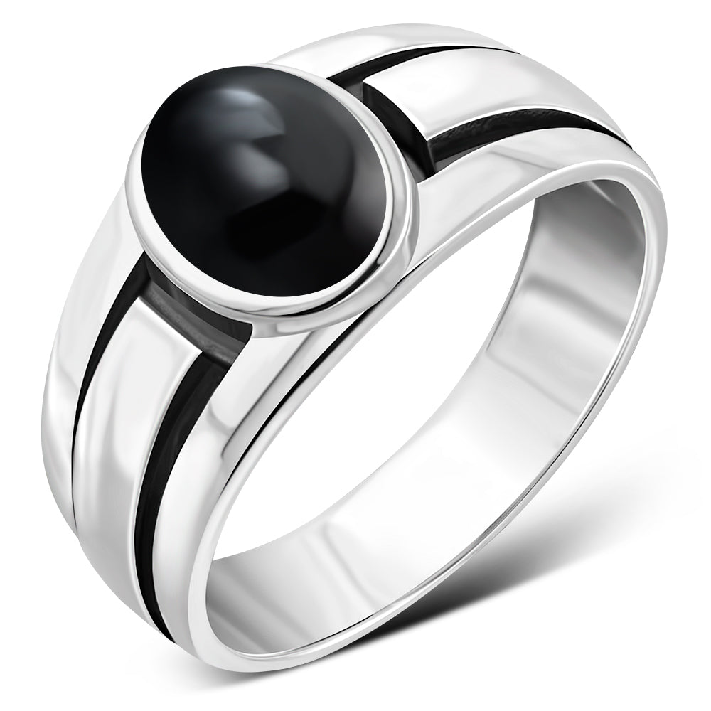 Anillo de ónix negro en plata de ley maciza