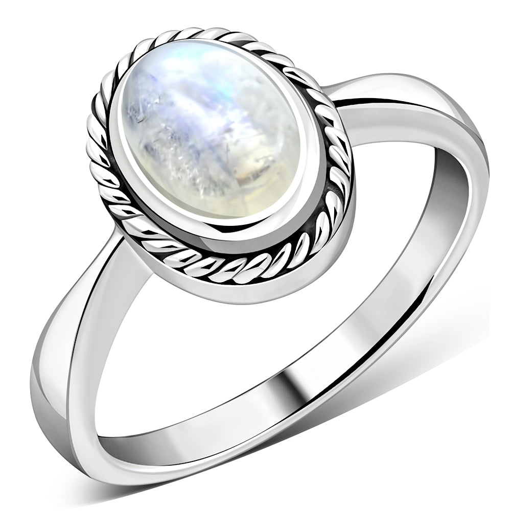 Anillo de plata de ley con piedra lunar arcoíris