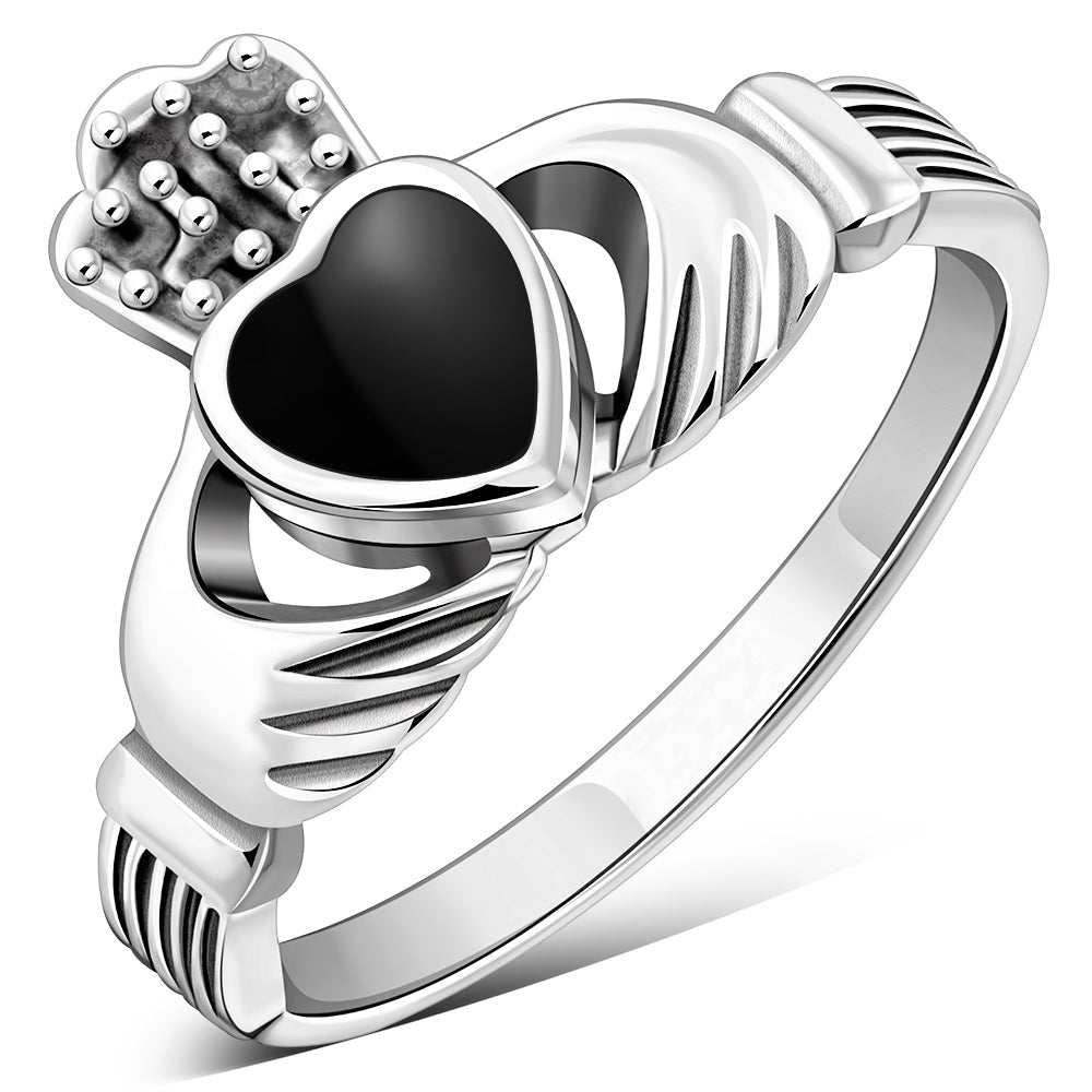 Irish Claddagh Sterling Silver Ring W/ Black Onyx