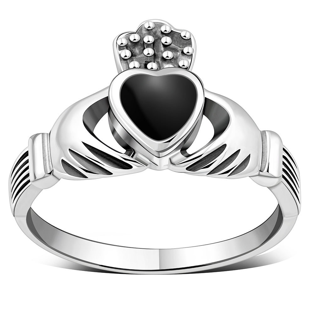 Irish Claddagh Sterling Silver Ring W/ Black Onyx
