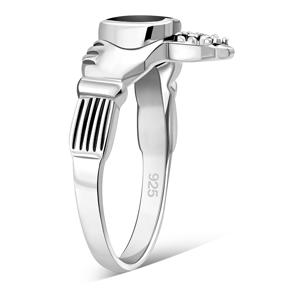 Irish Claddagh Sterling Silver Ring W/ Black Onyx
