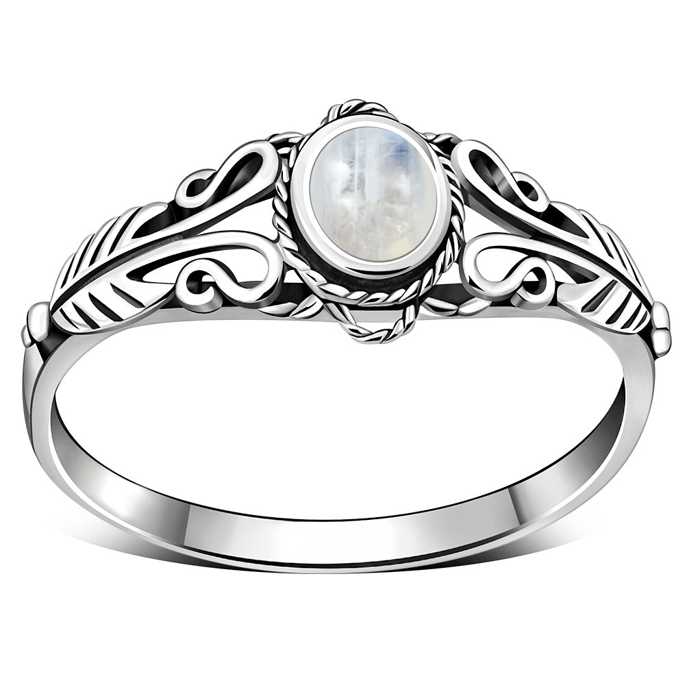 Anillo de plata con piedra lunar arcoíris étnico