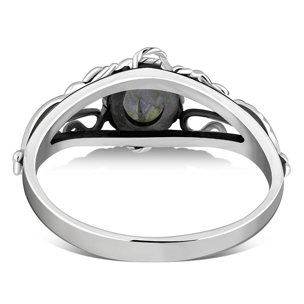Anillo de plata con piedra lunar arcoíris étnico