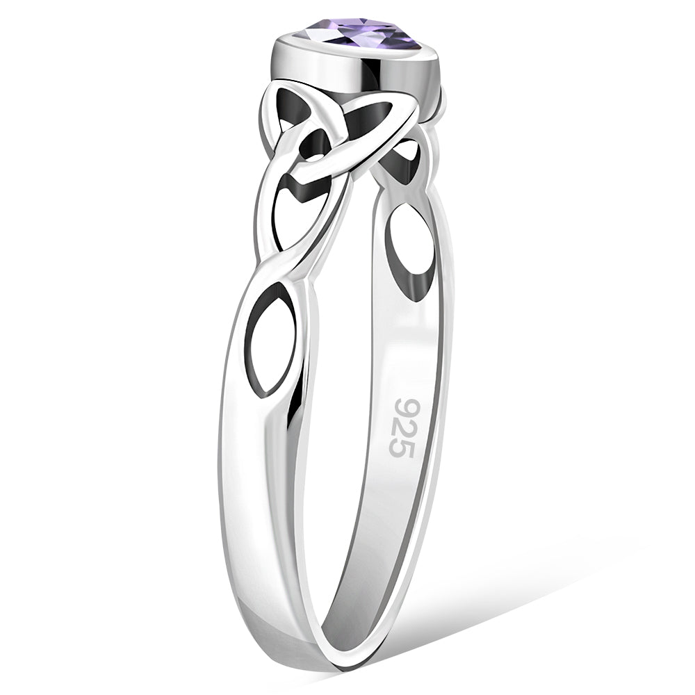 Celtic Thin Trinity Knot Silver Ring Set W/ Amethyst Stone
