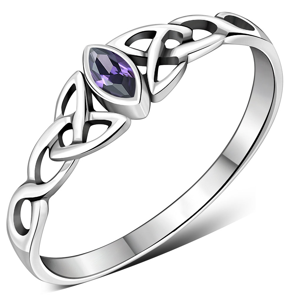 Celtic Thin Trinity Knot Silver Ring Set W/ Amethyst Stone