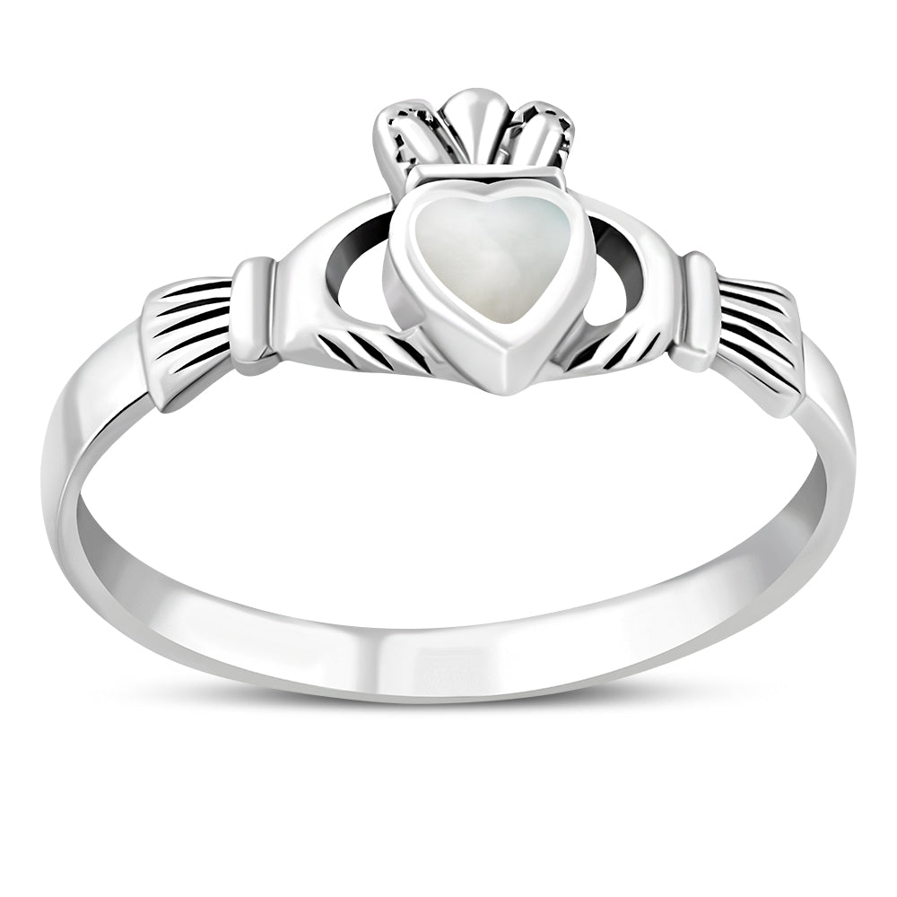 Mother of Pearl Irish Claddagh Silver Ring
