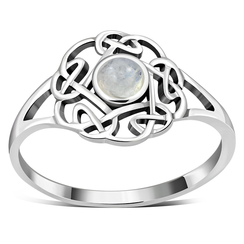 Anillo de plata con nudo celta y piedra lunar arcoíris redonda