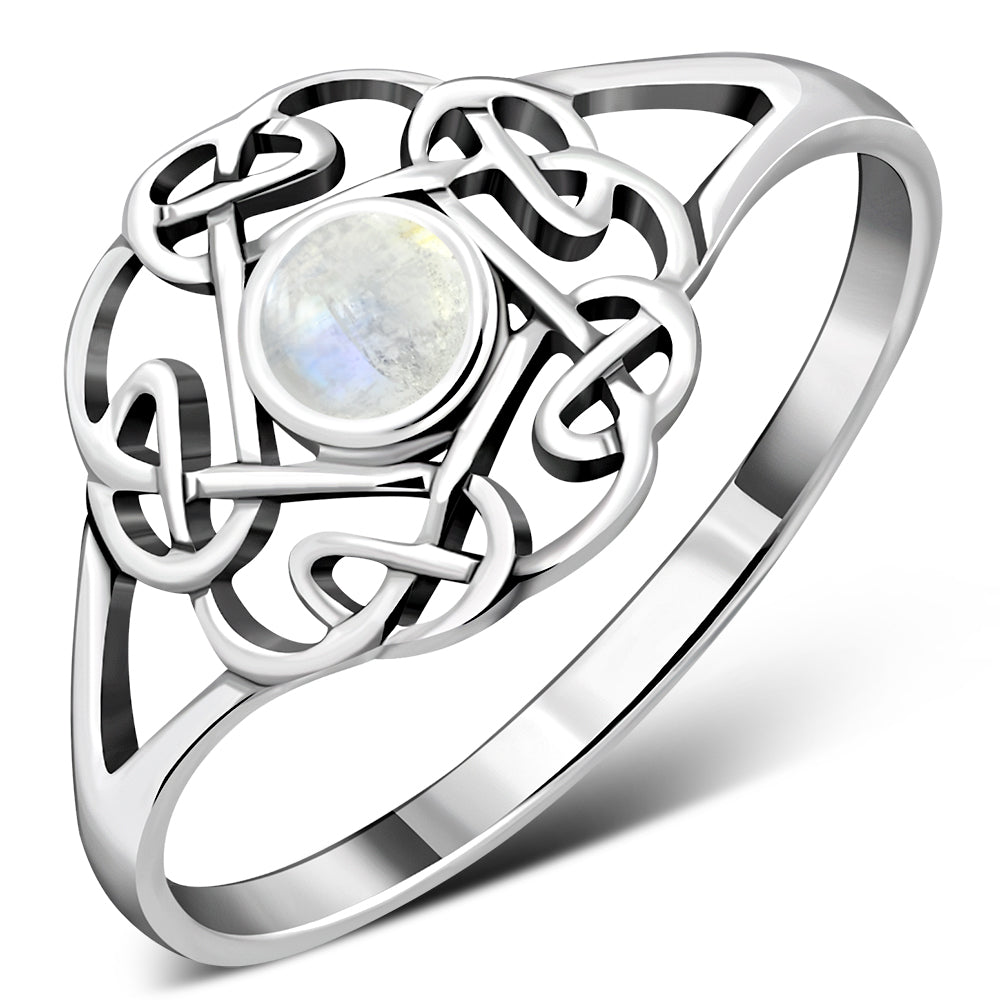 Anillo de plata con nudo celta y piedra lunar arcoíris redonda