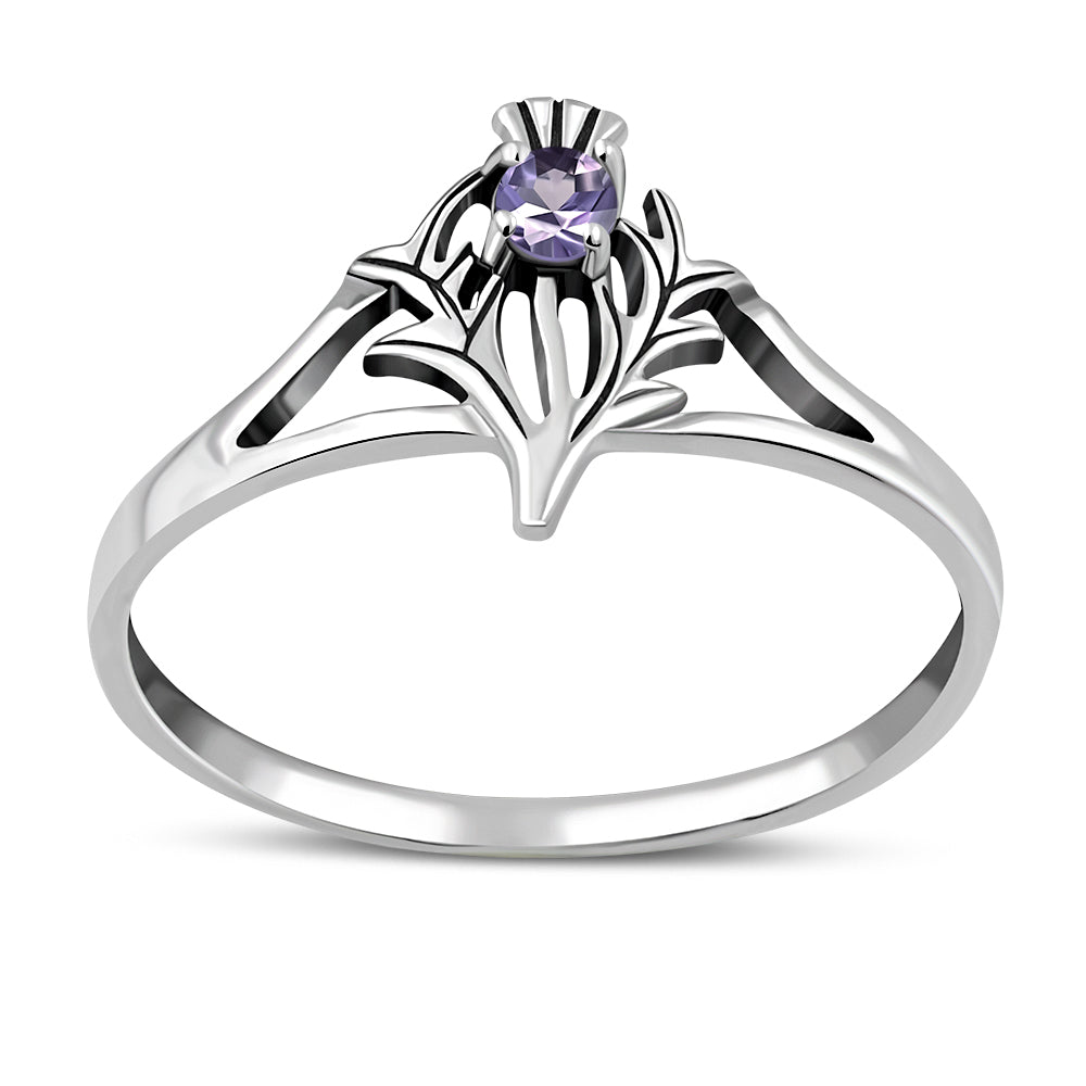 Anillo de plata con piedra amatista y cardo escocés