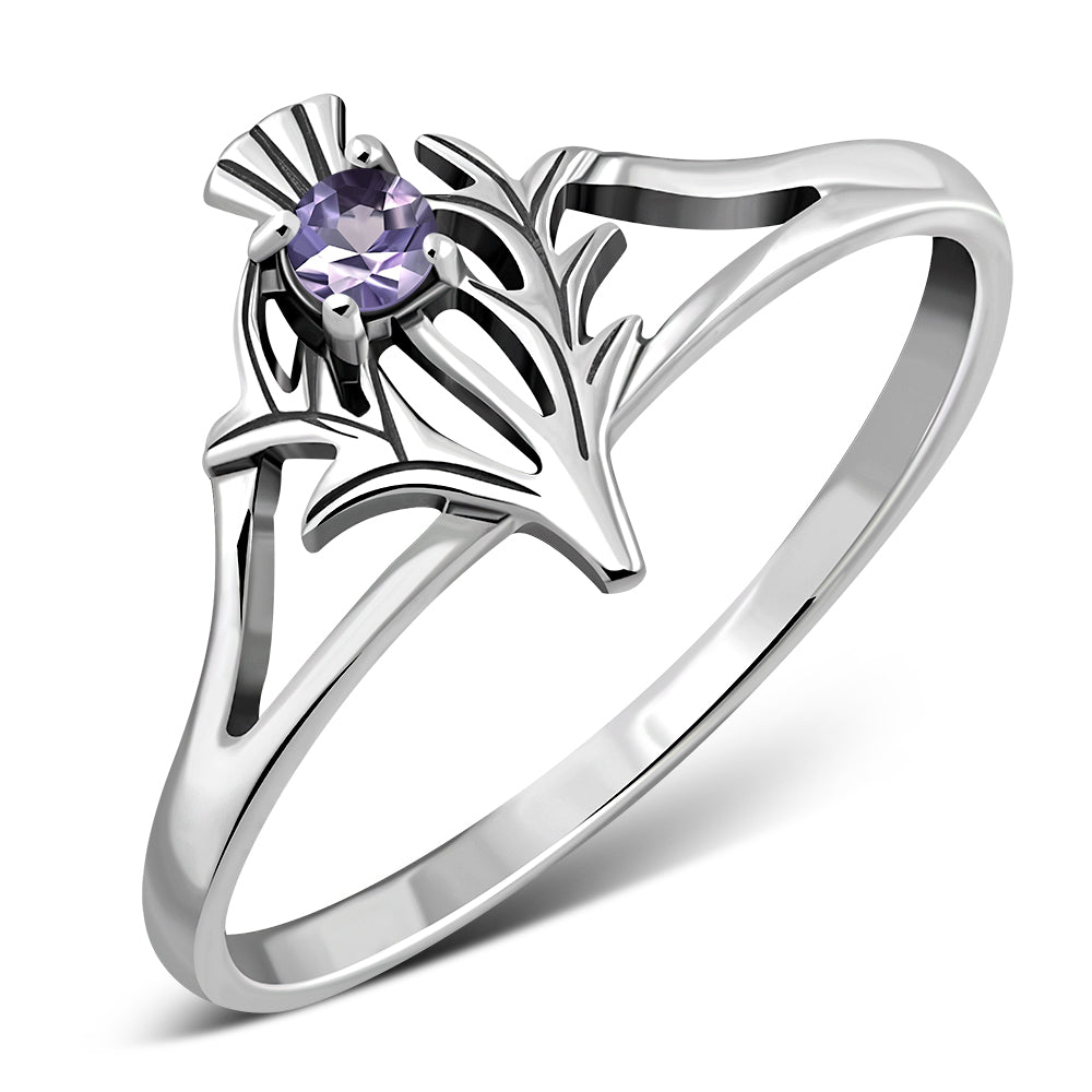 Anillo de plata con piedra amatista y cardo escocés