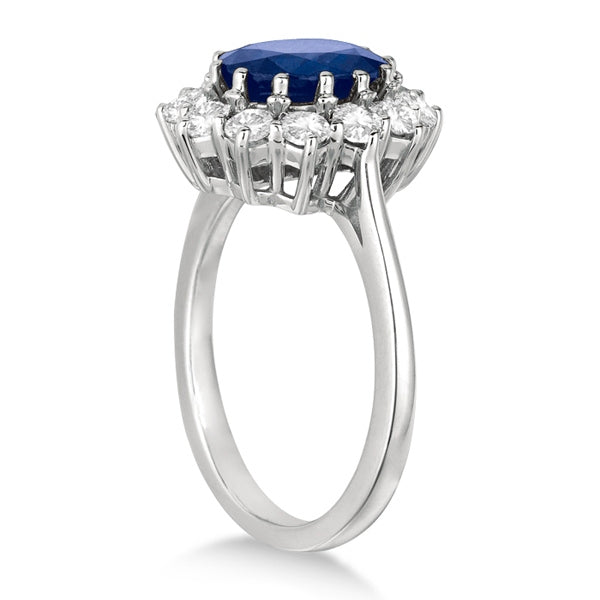 Anillo de zafiro azul ovalado con diamantes, en oro blanco de 14k (3.60ctw)