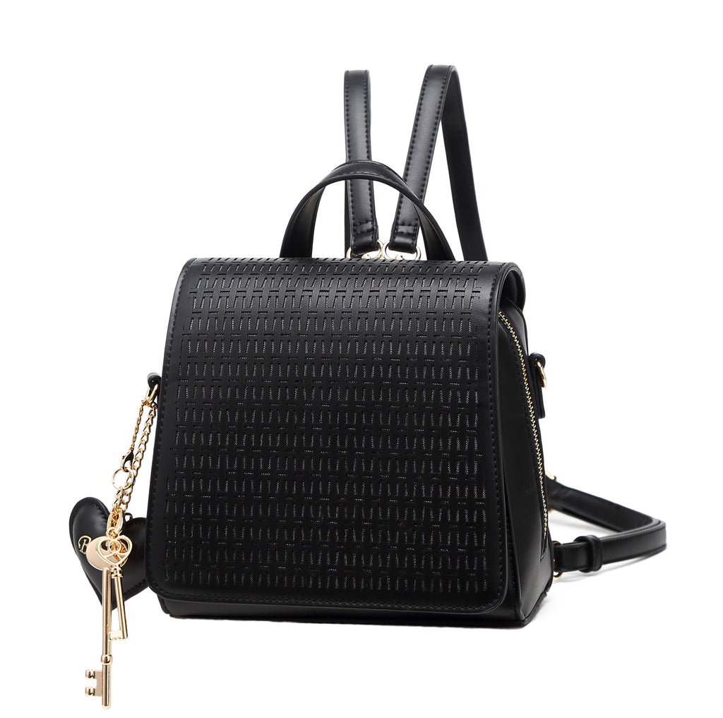 Brangio Italy Convertible Designer Backpack Purse – Elegant Black Embossed Leather With Heart & Key Charm