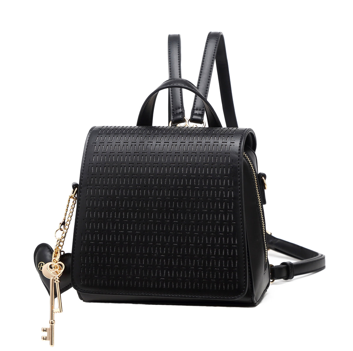 Brangio Italy Convertible Designer Backpack Purse – Elegant Black Embossed Leather With Heart & Key Charm