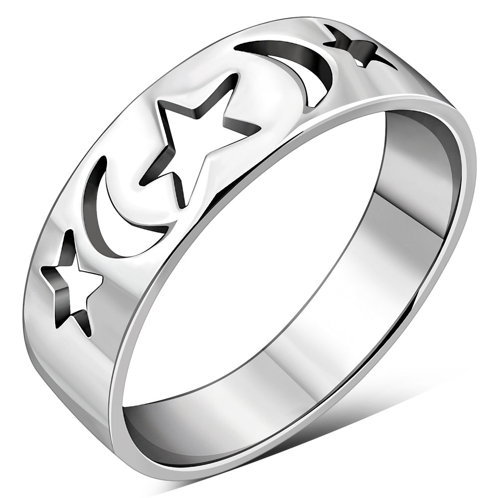 Moon & Stars Silver Band Ring