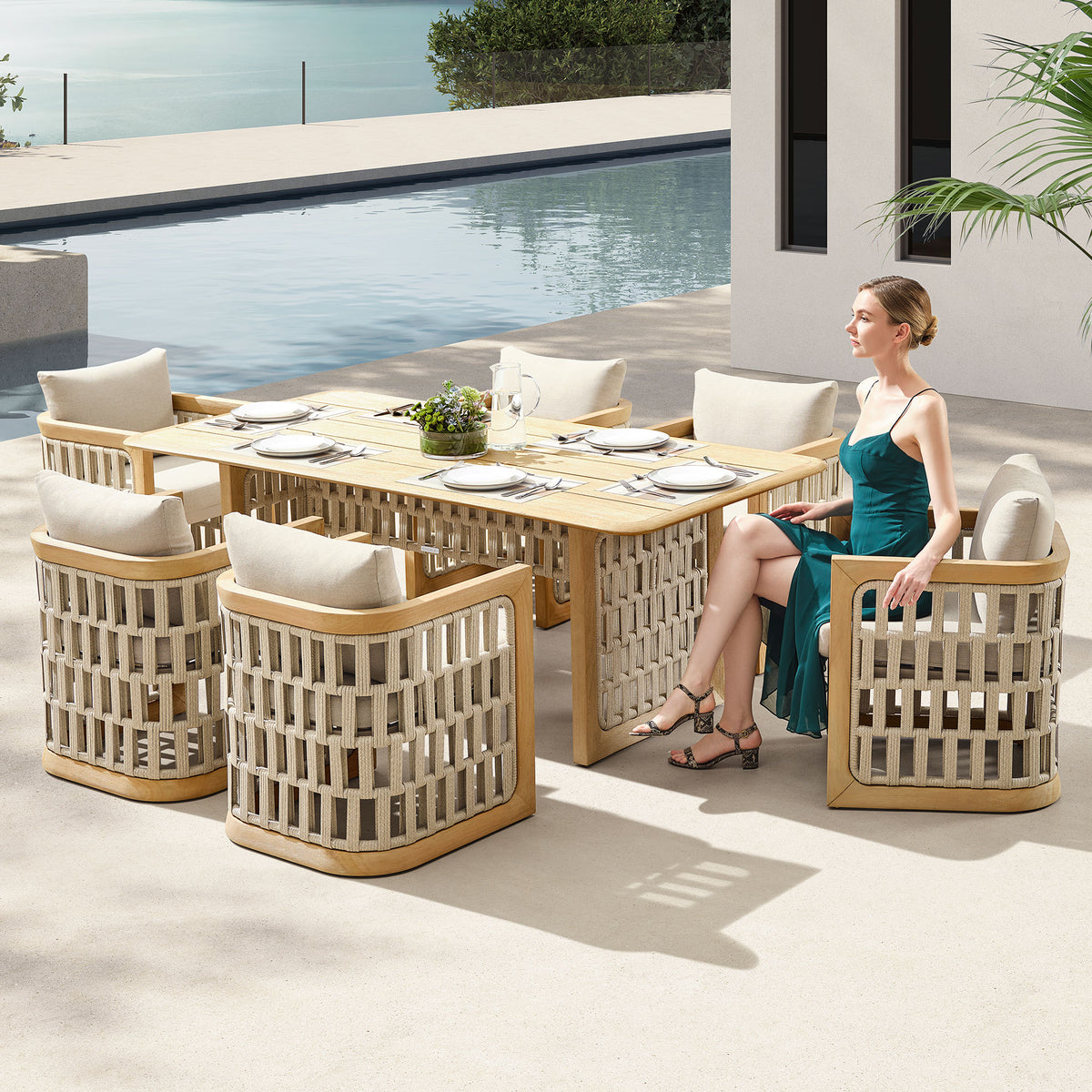 RIVA 6 Person Teak Outdoor Patio Dining Set With Cushion