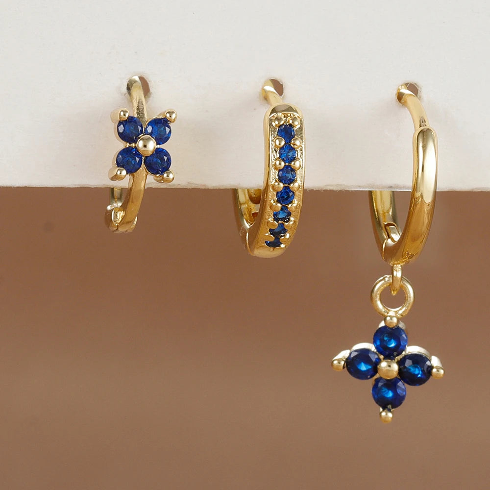 Pendientes de acero inoxidable con forma de flor y circonitas para mujer - Set de 3 piezas