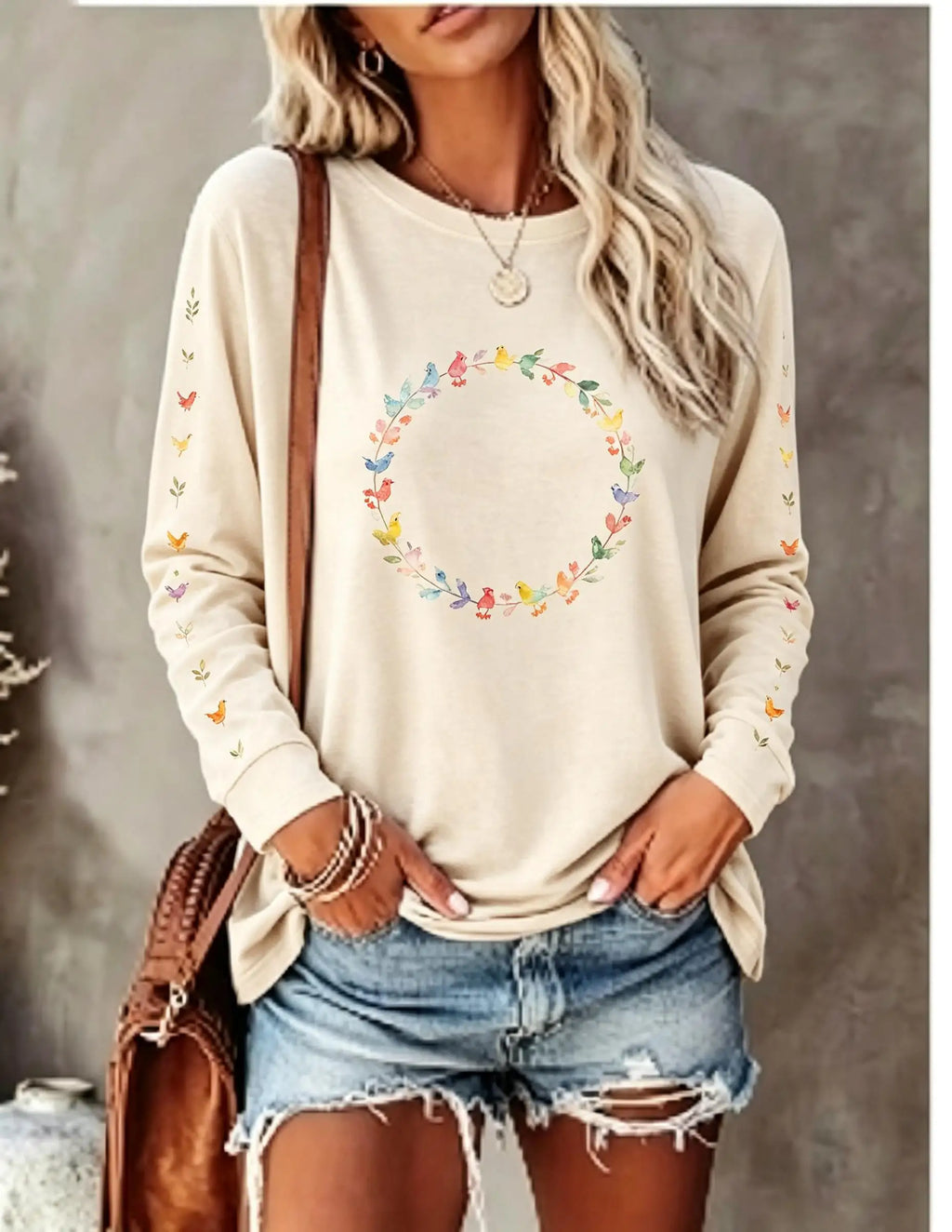 Women Long Sleeve T‑Shirt Rainbow Heart Pet Paw Print Cute Aesthetic Crew Neck Casual Fall Tops