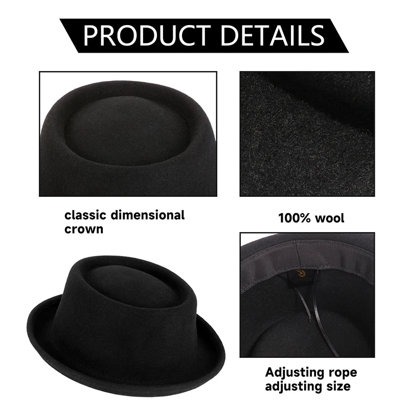 GEMVIE Classic 100% Wool Soft Felt Pork Pie Hat Fedora for Men Women Autumn Winter Wool Hat Curved Brim Men Dress Hats