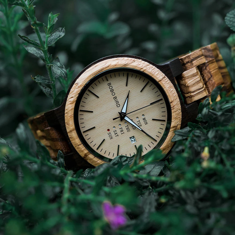 BOBO BIRD Wooden Men Watch Fashion Business Week and Date Display Quartz Timepiece Customize Logo Great Gift Relogio Masculino