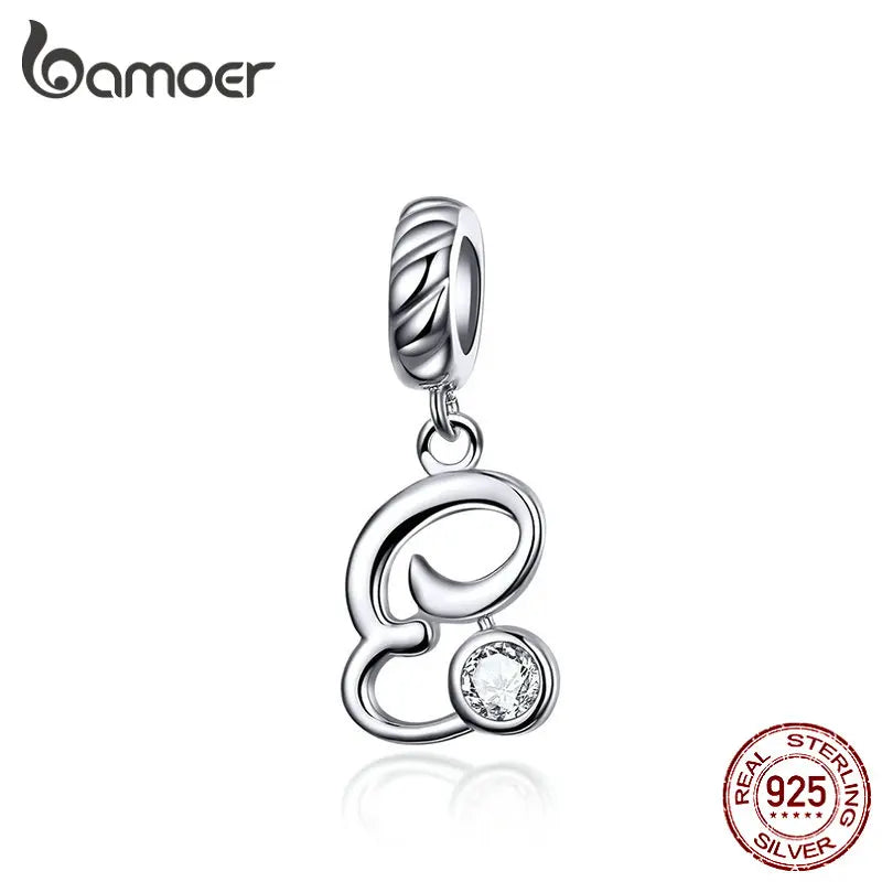 BAMOER 26 Letters Alphabet Pendant 925 Sterling Silver Handwritten Language Pendants Charm for Bracelets and Necklace SCC1183