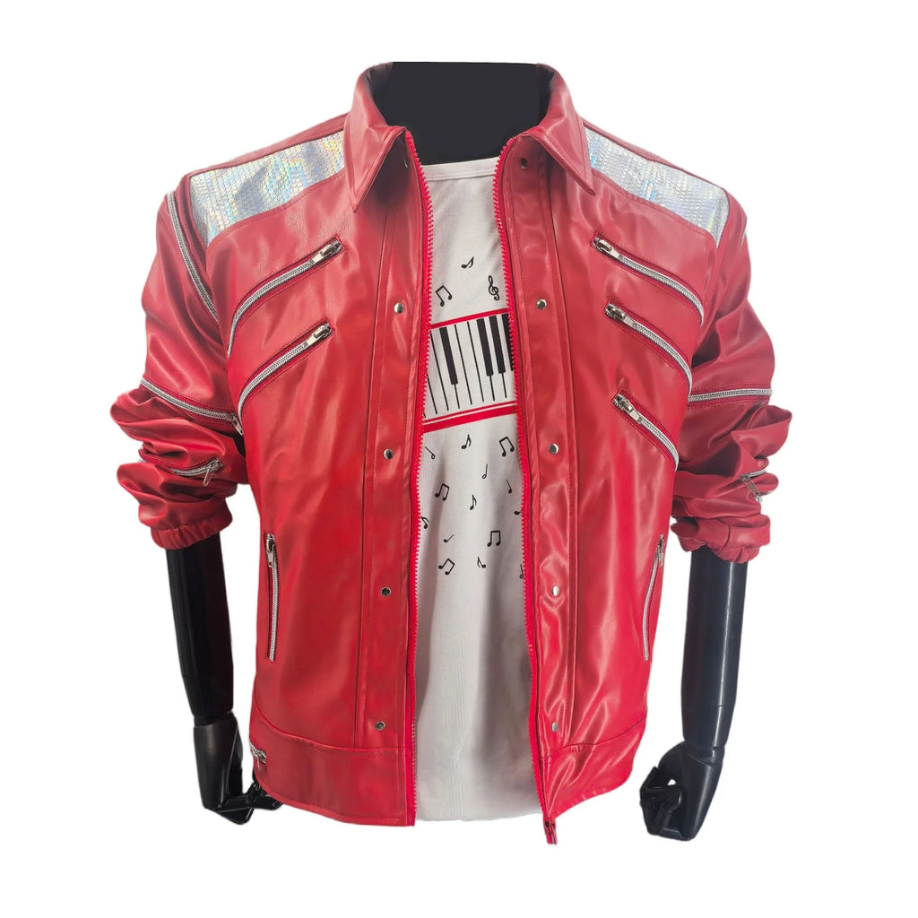Men's Red PU Leather Jacket with Zipper and Turtleneck Collar