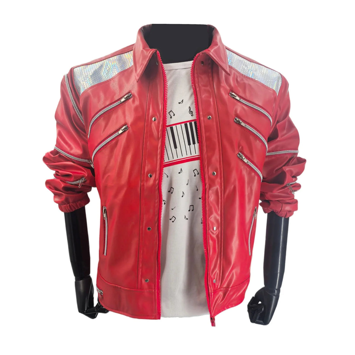 Men's Red PU Leather Jacket with Zipper and Turtleneck Collar
