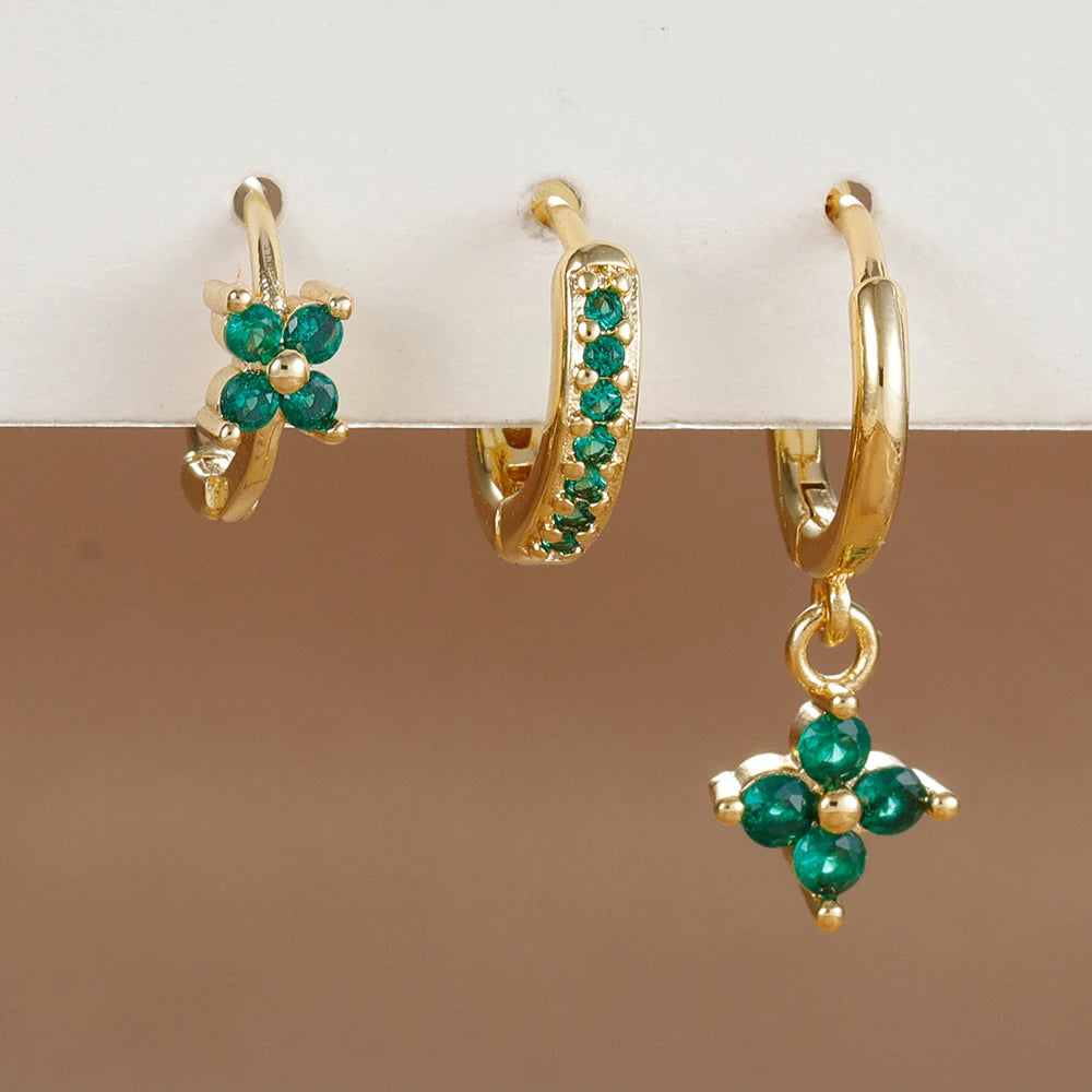 Pendientes de acero inoxidable con forma de flor y circonitas para mujer - Set de 3 piezas