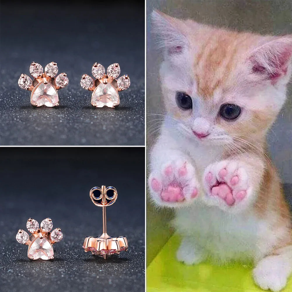 Pendientes LAMOON de pata de gato en plata de ley 925 para mujer, pendientes de botón con cuarzo rosa, pendientes de botón con piedras preciosas, joyería fina EI040-2