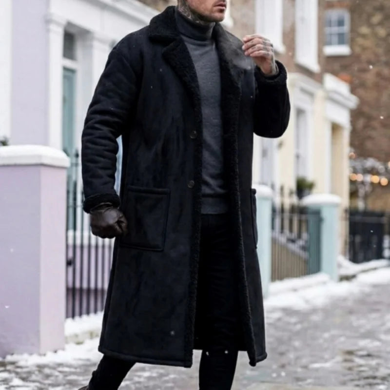 Men's Plus-Size Winter Long Fleece Coat with Turn-Down Collar