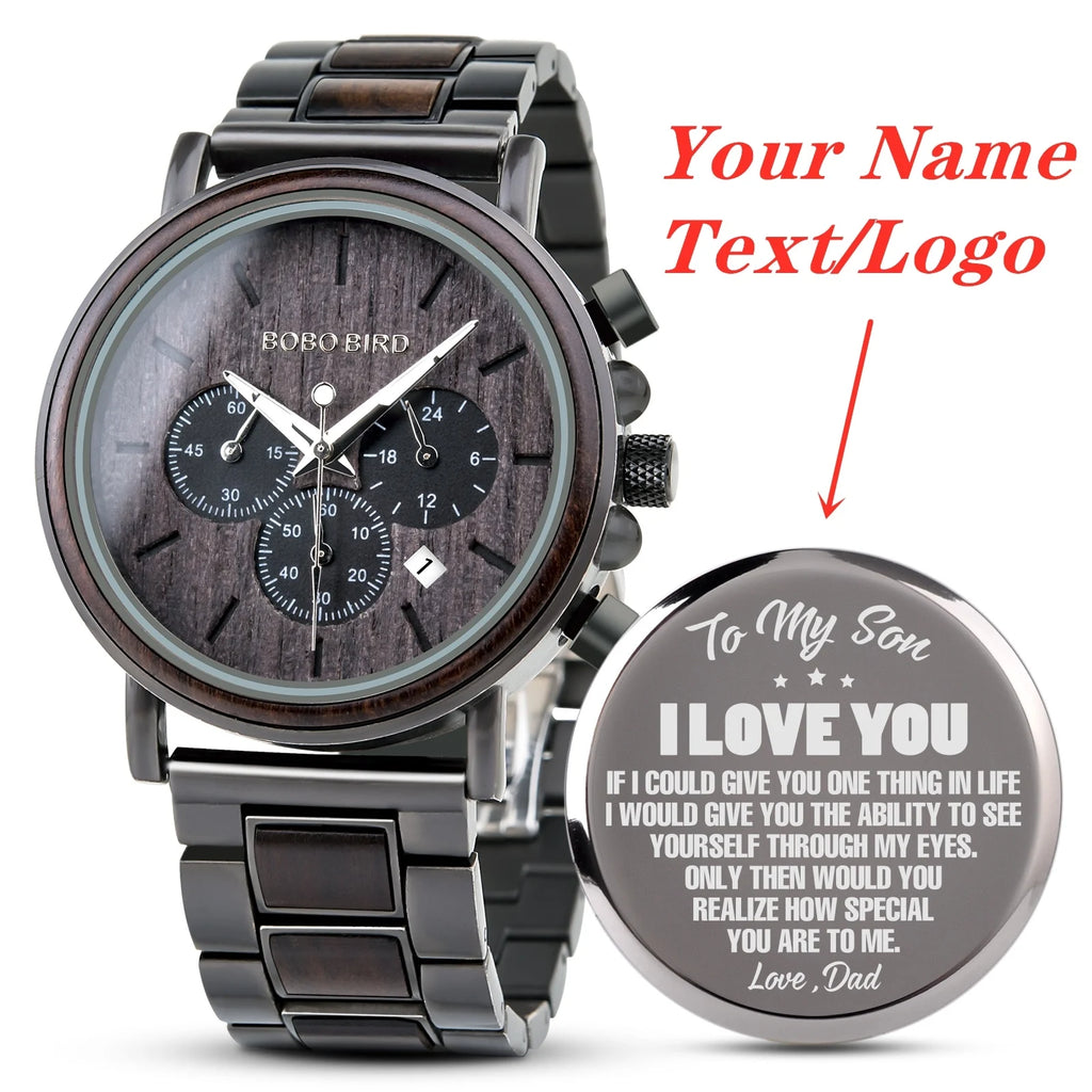 Engraved Wooden Watch Father's Day Custom Your Logo BOBOBIRD Quartz Wristwatch Men Boyfriend Birthday Groomsmen Anniversary Gift