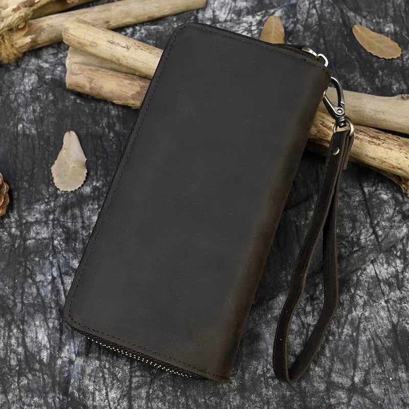 Luksusowy portfel damski i męski z podwójnym zamkiem, długi, skórzany w stylu vintage, kopertówka, etui na telefon, karty i monety, 100% prawdziwa skóra, portfel męski