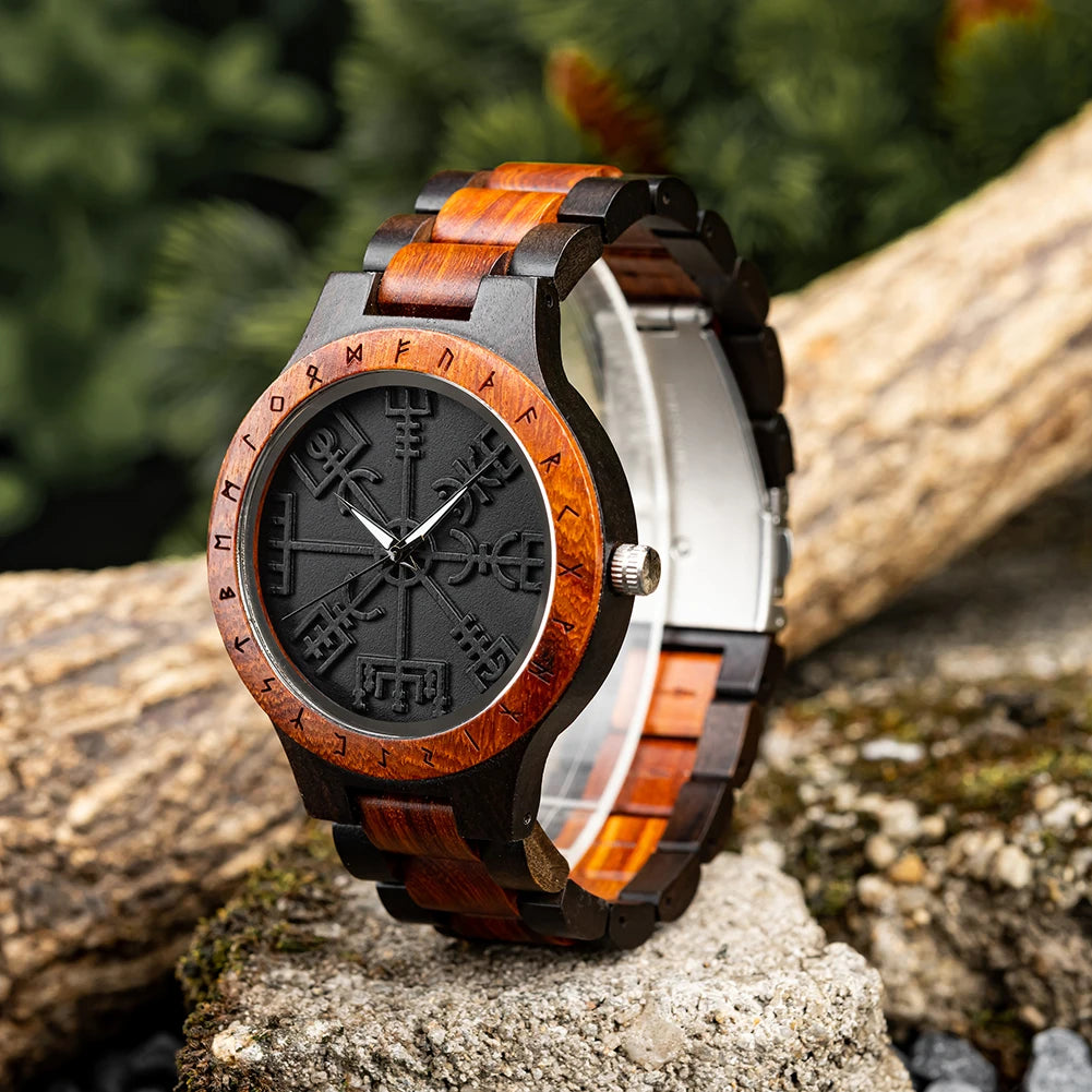 BOBO BIRD Watches for Man Viking Odin Rune Men Quartz Wristwatches Cultural Totem Dail With Wooden Strap Reloj De Hombre